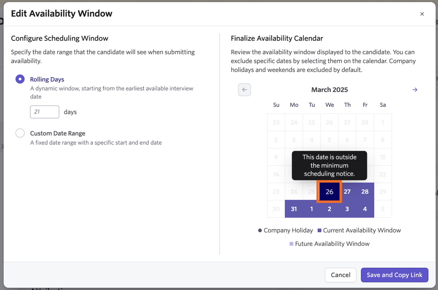 Screenshot of the Finalize Availability calendar view Screenshot of the Finalize Availability calendar view