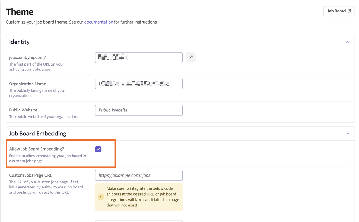 Shows the job board theme setting page with the Allow Job Board Embedding checkbox highlighted. Shows the job board theme setting page with the Allow Job Board Embedding checkbox highlighted.