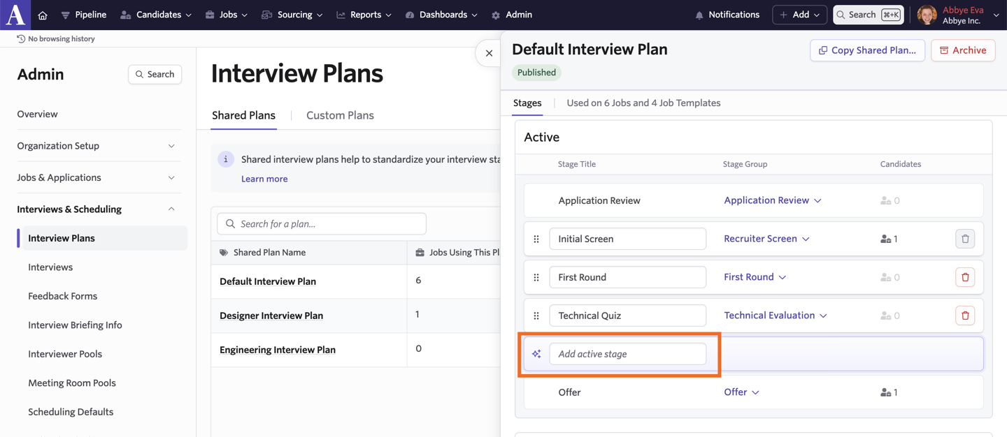 Shows the add active stage field highlighted, where additional stages can be added to an interview plan section.