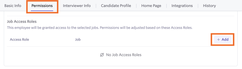 The Job Access Roles section in an employee profile featuring the '+ Add' button. The Job Access Roles section in an employee profile featuring the '+ Add' button.
