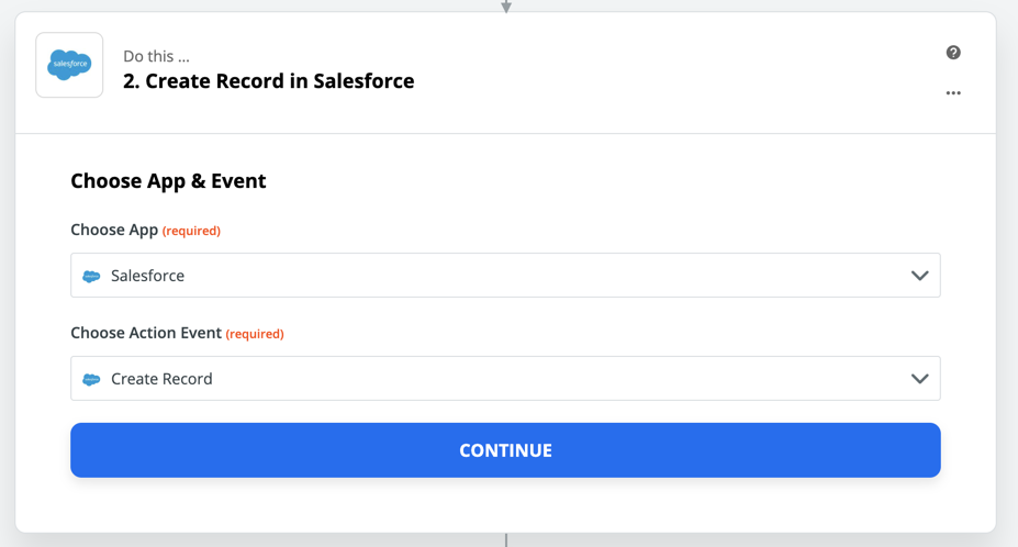 Select Continue to confirm you want to use the Create Record action