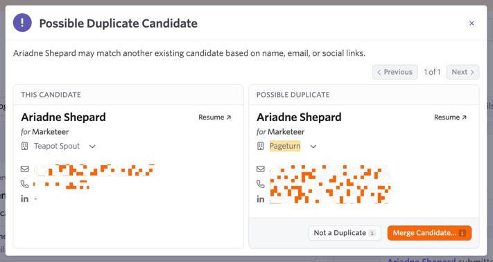 Screenshot of the Possible Duplicate Candidate screen showing two profiles side by side with differences highlighted and options to view resumes and navigate between duplicates.