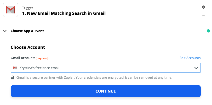 A screenshot of the trigger step in the Zap editor. A Gmail account is selected in the Choose Account dropdown menu.
