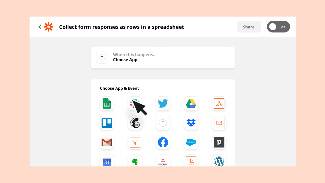 L'éditeur Zapier, montrant comment sélectionner une application parmi les options disponibles.