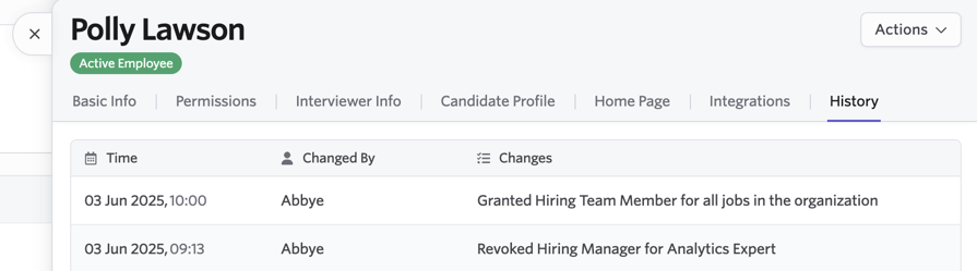The history tab on an employee profile.