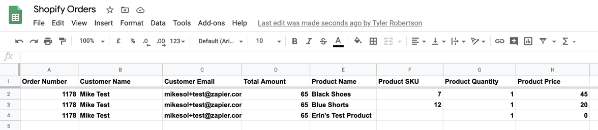 Reviewing the rows created by the test