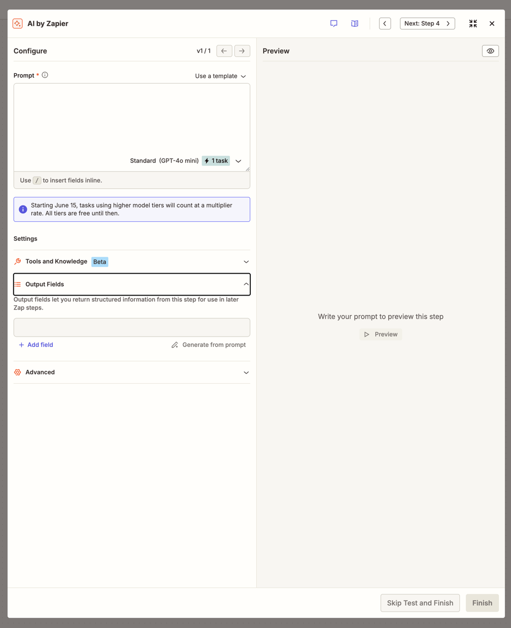 The AI by Zapier configure panel showing the Prompt field, model selector, Settings section with Tools and Knowledge, Output Fields, and Advanced, and the Preview panel on the right