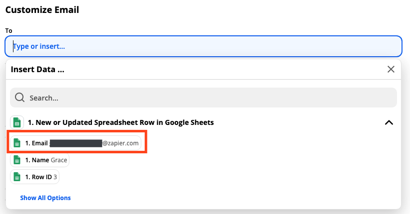 A screenshot of selecting an email column from a Google Sheets spreadsheet in the Zap Editor.