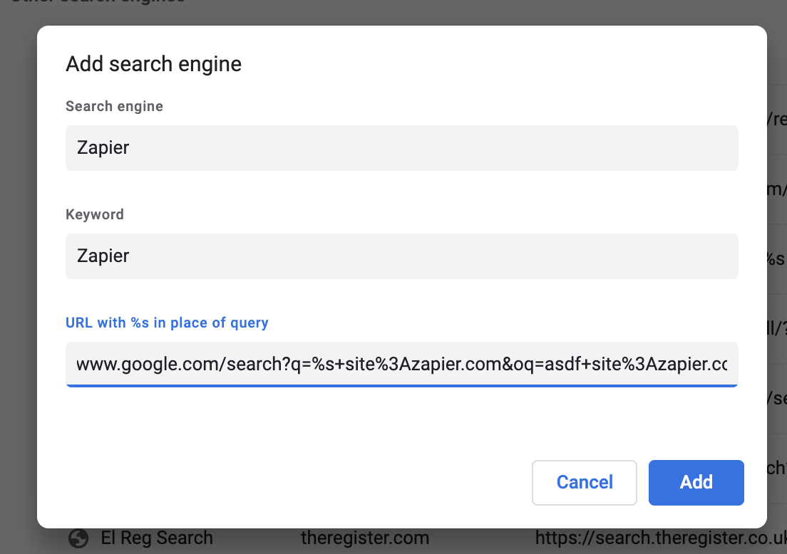 Adding any site specific search to Chrome