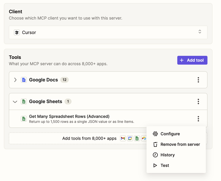 Menu for editing an existing tool in Zapier Agents