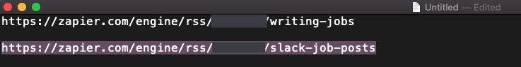 A screenshot of the TextEdit program with several links pasted. The Slack RSS feed URL is selected and highlighted.