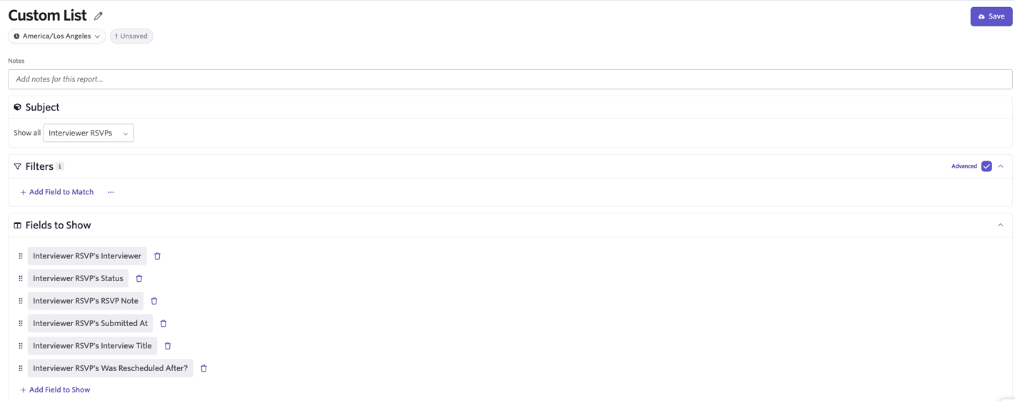 A screenshot of a custom list report answering the question 'How can I review individual declines, reasons given, and whether those interviews ended up being rescheduled as a result?'