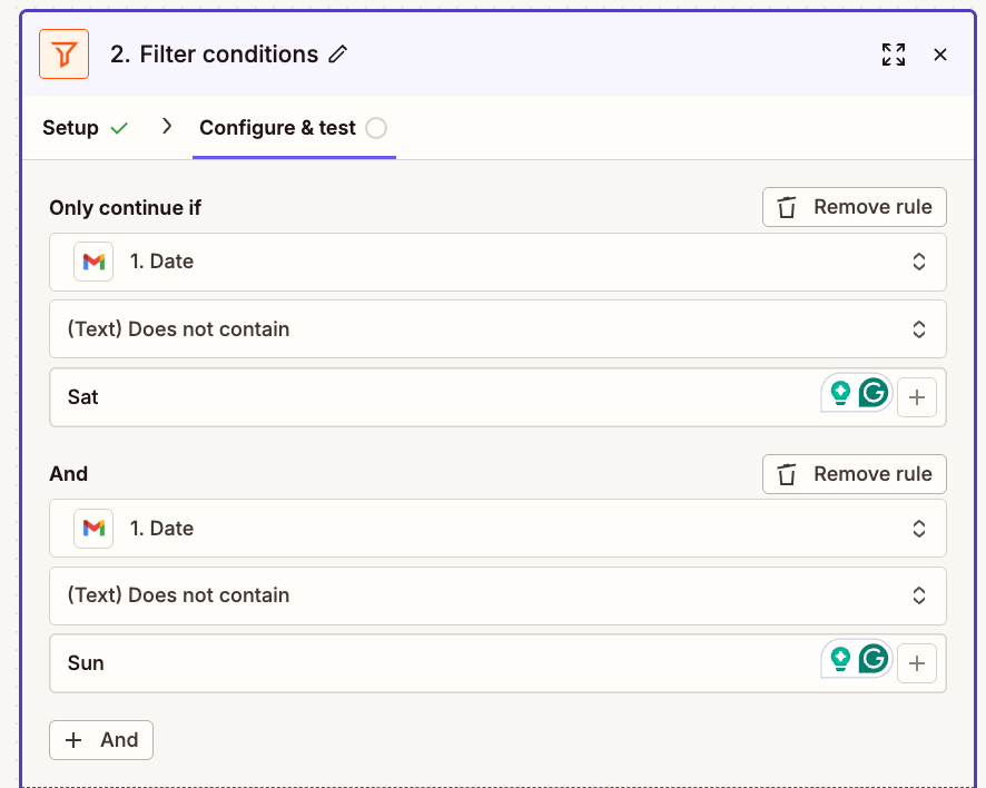 Two weekday filters with AND condition to exclude weekends