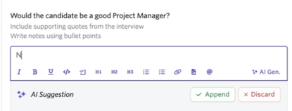 Screenshot of the feedback form toolbar showing the AI Gen button for generating content in a specific field.