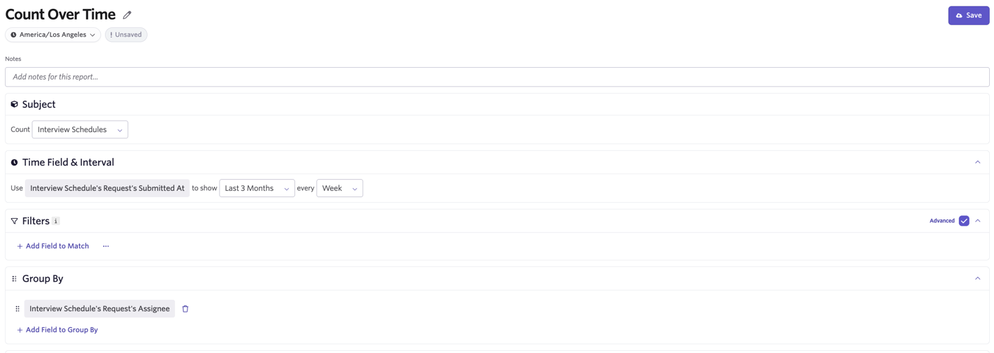 The screenshot shows a count over time report that helps to answer the question 'How many requests are being assigned to each coordinator over time?'