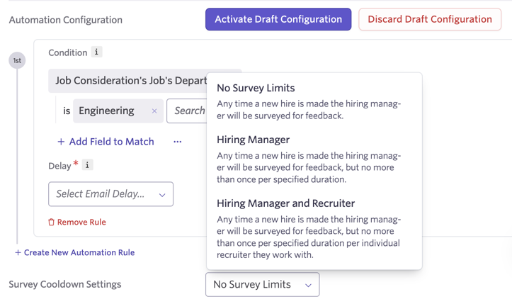 Shows survey cooldown settings options. Shows survey cooldown settings options.