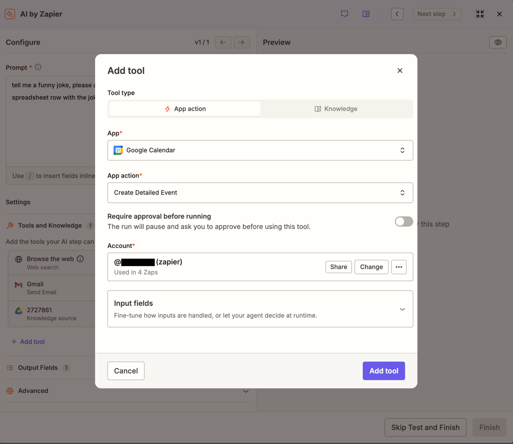 Add tool dialog showing the Require approval before running toggle below the App action field