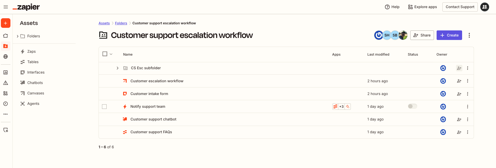 View of an individual folder's contents. The first left-hand sidebar displays the main Zapier navigation and the second left-hand sidebar displaying the collapsed folders tree view and individual product-specific asset pages. Displayed on the right is the folder's collapsed subfolder and individual assets.