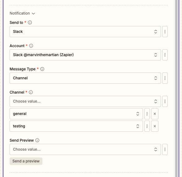 Slack notification configuration fields displayed in the Collect Data action