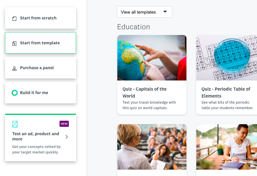 The SurveyMonkey templates, including the one for Quiz - Capitals of the World.