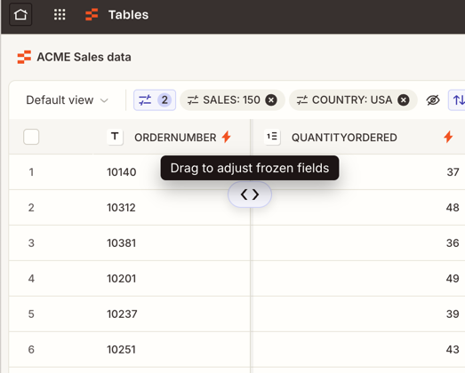 The freeze marker being dragged to freeze fields on the left side of a Zapier Table