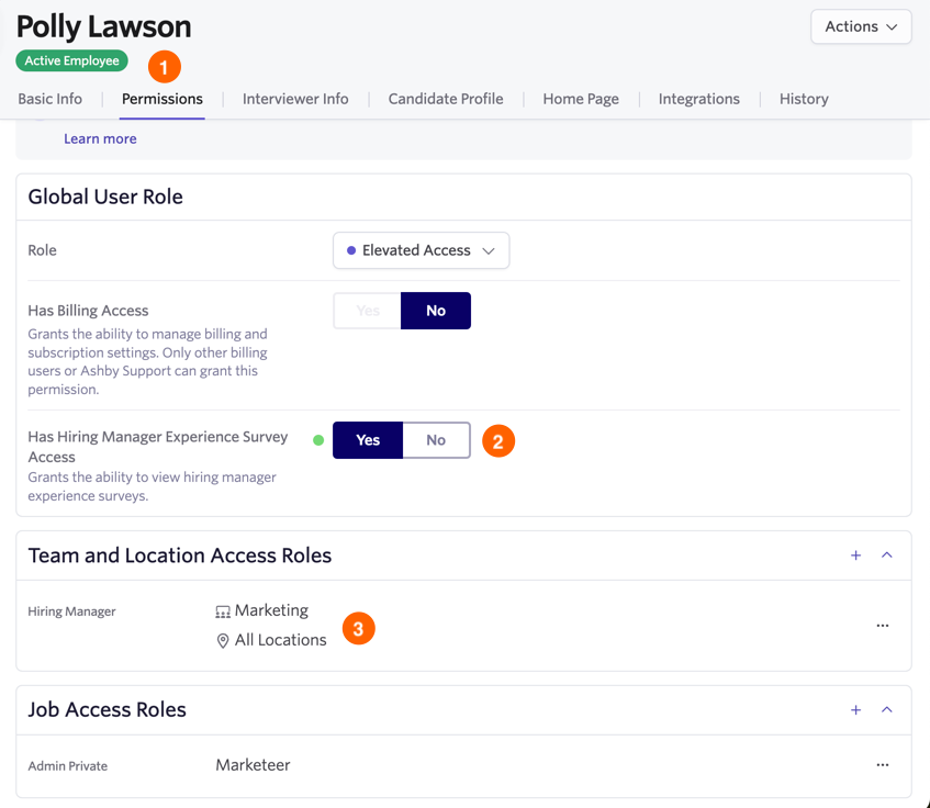Shows the permissions tab in an employee profile and the "Has hiring manager experience survey access" setting toggled on. Shows the permissions tab in an employee profile and the "Has hiring manager experience survey access" setting toggled on.