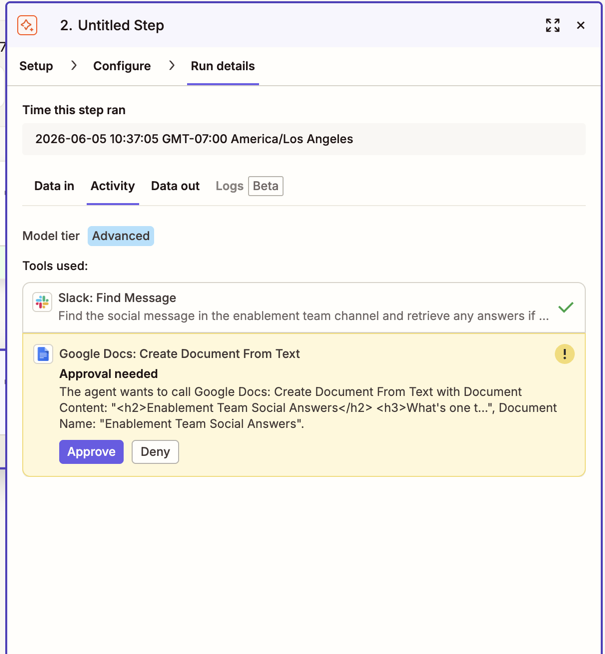 Activity tab showing model tier, tools used, and an approval needed prompt for a Google Docs tool call