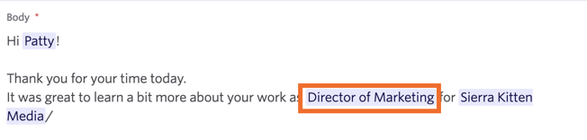 A substitution token pulling the candidate's most recent job from their profile. A substitution token pulling the candidate's most recent job from their profile.