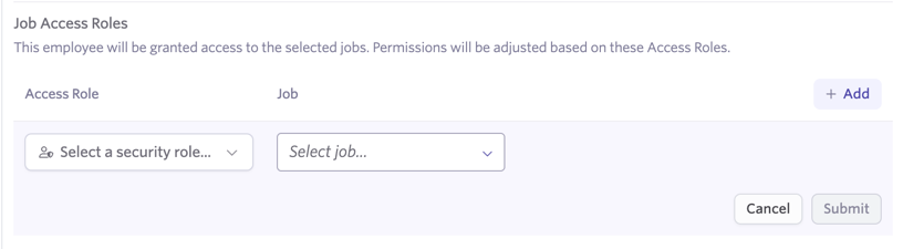 The 'Add Job Access Role' modal displaying dropdowns to select an access role and a specific confidential job. The 'Add Job Access Role' modal displaying dropdowns to select an access role and a specific confidential job.
