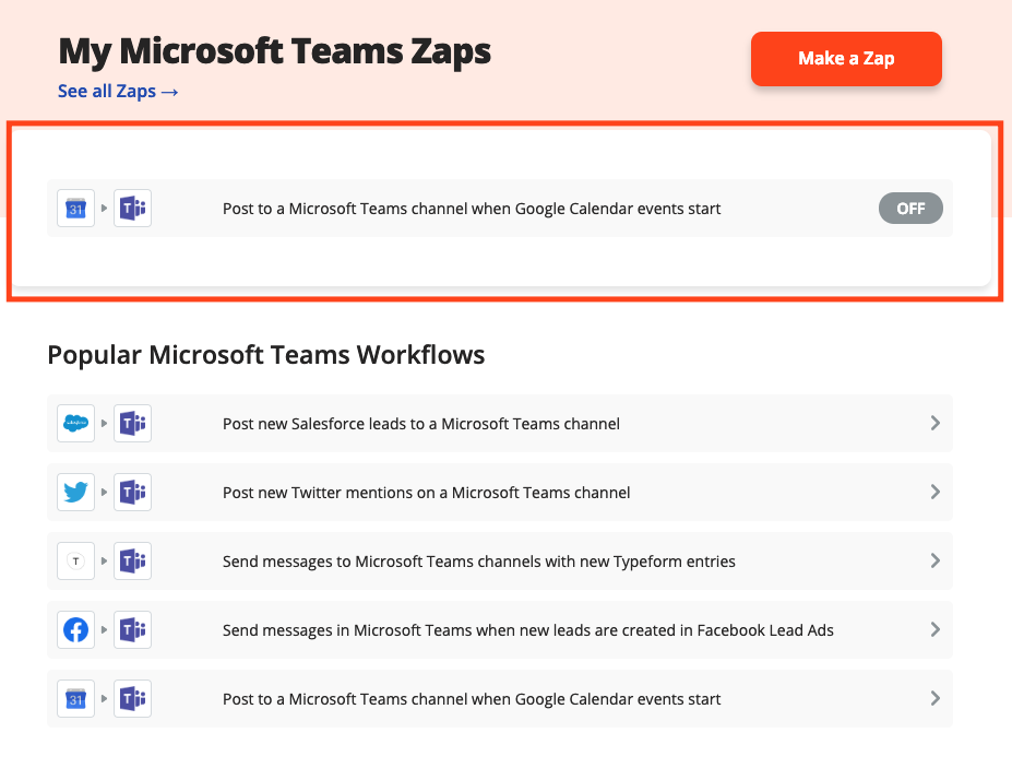 A screenshot of the Zapier app from a Microsoft Teams workspace.