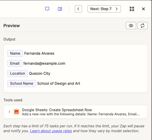 Preview panel showing output fields and tools used