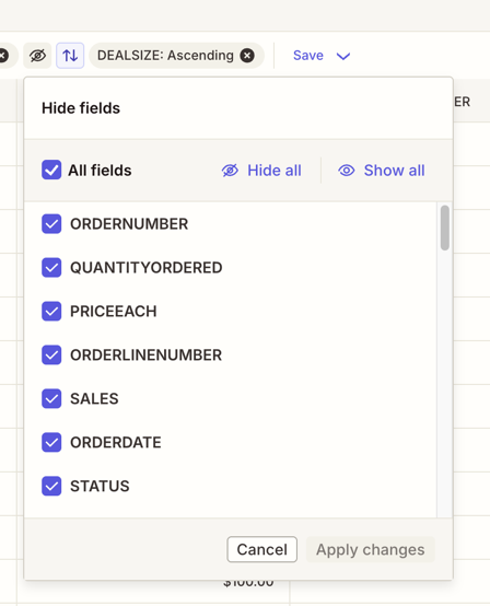 The Hidden fields panel with checkboxes to show or hide each field in the table