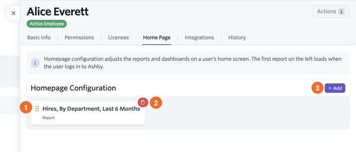 Screenshot of the Home Page tab in the Ashby Admin employee profile view