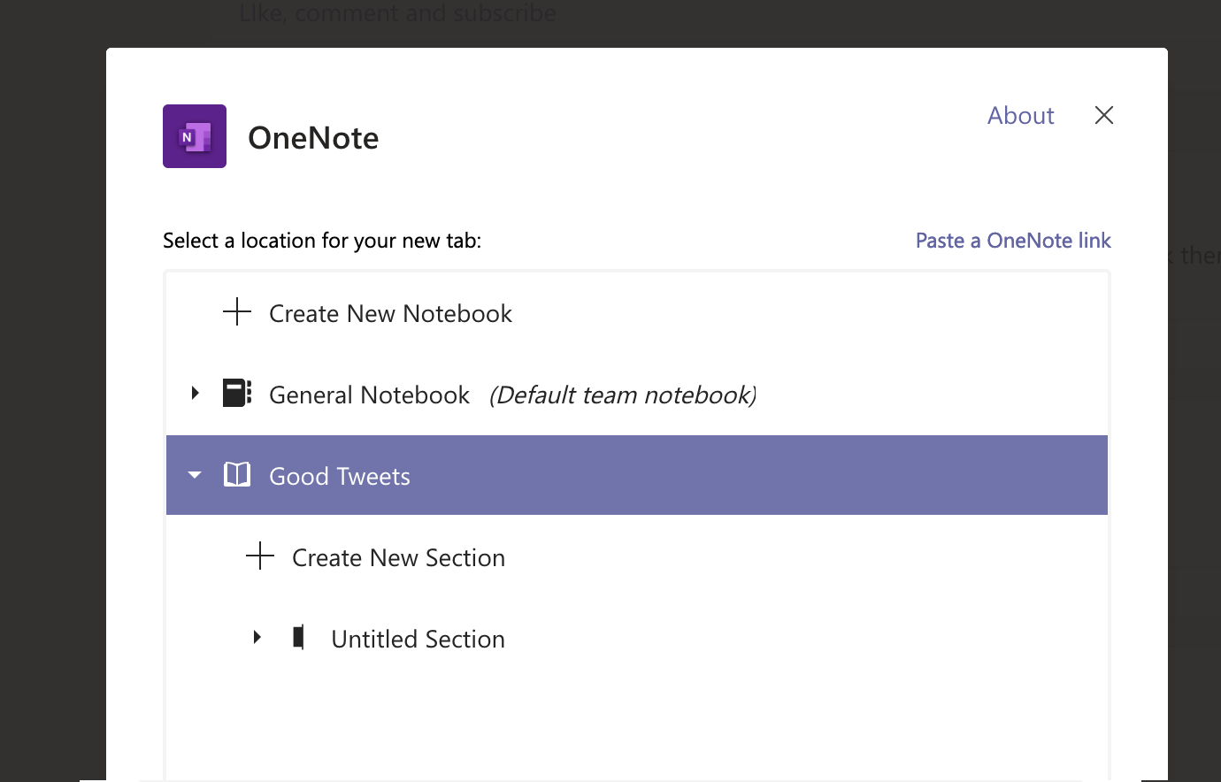 Choose which OneNote notebook or section to add in Microsoft Teams