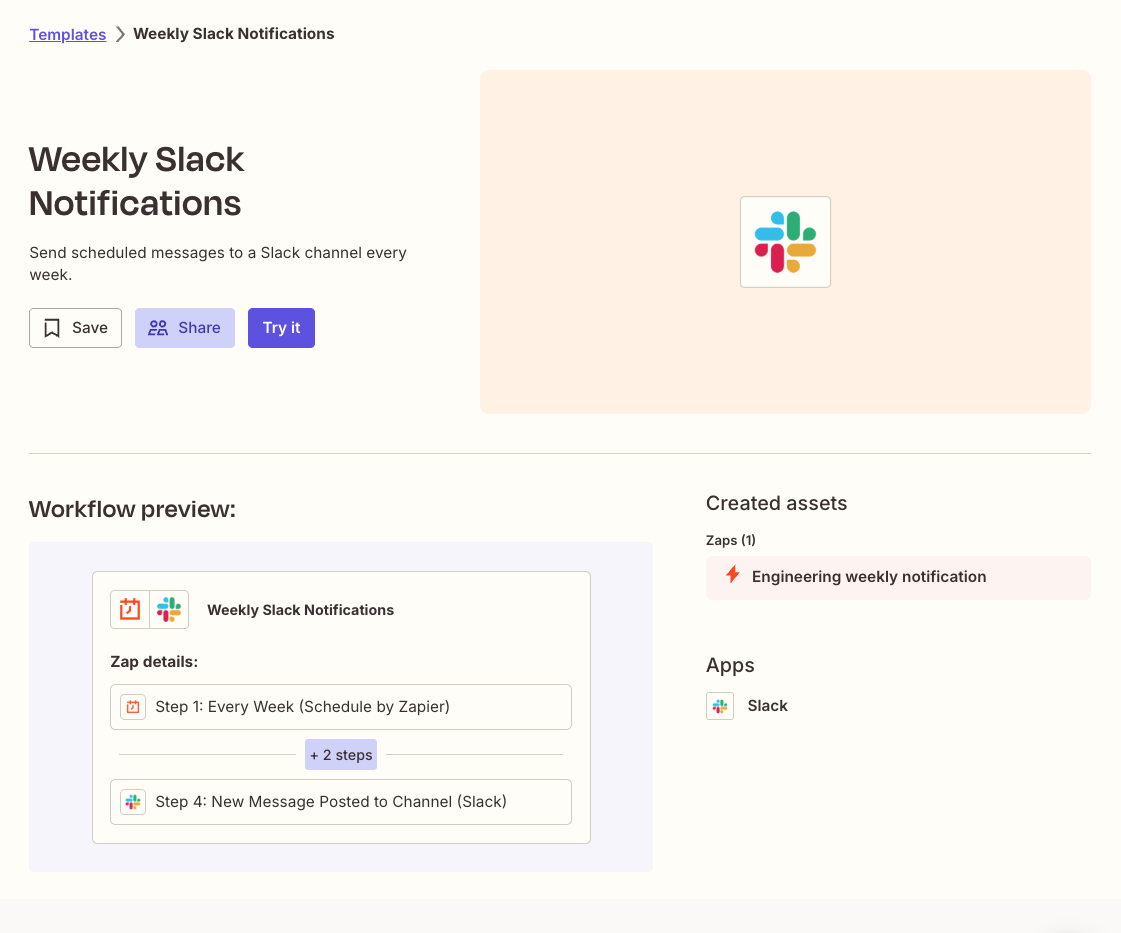 Landing page for a guided template. Includes a save button, share button, and try it button. Also displays a workflow preview with an abbreviated outline of the Zap, a list of assets created from the guided template, and a list of apps used in the guided template.