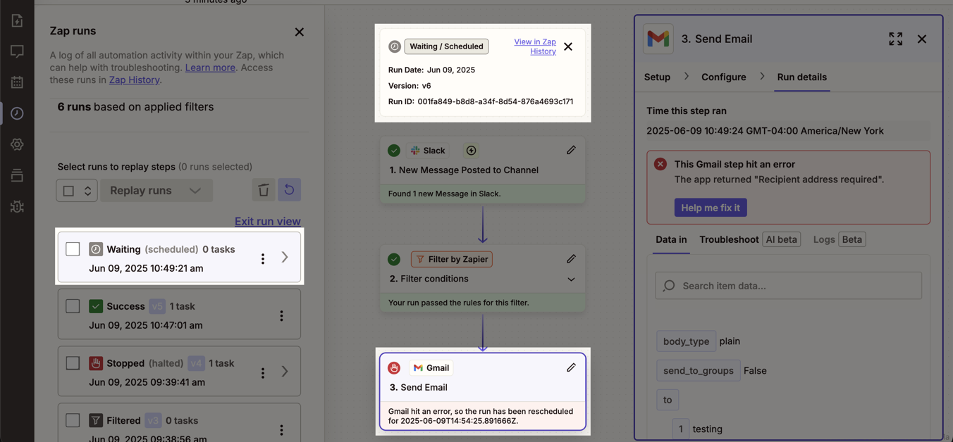 View of a scheduled Zap run in the Zap editor's Zap run view