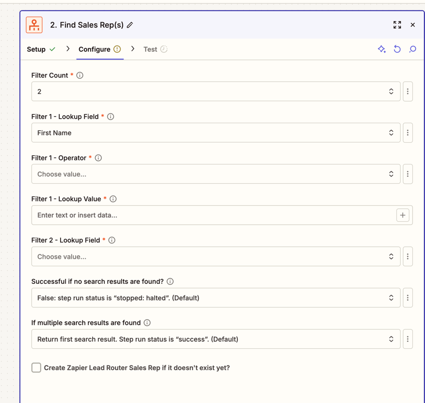 Find Sales Rep Configure tab showing filter fields with Lookup Field, Operator, and Lookup Value