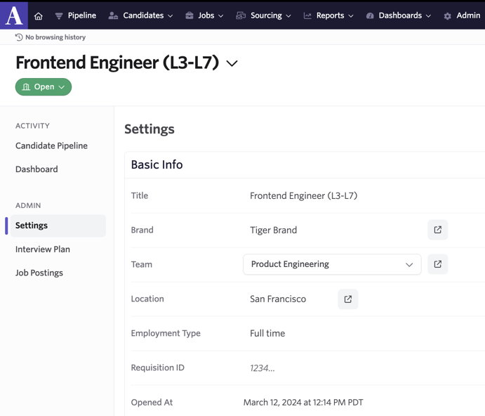 The Settings page of a job with the Brand listed in Basic Info. The Settings page of a job with the Brand listed in Basic Info.