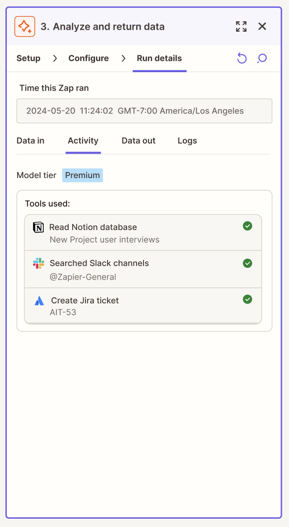 Run details Activity tab showing model tier and tools used