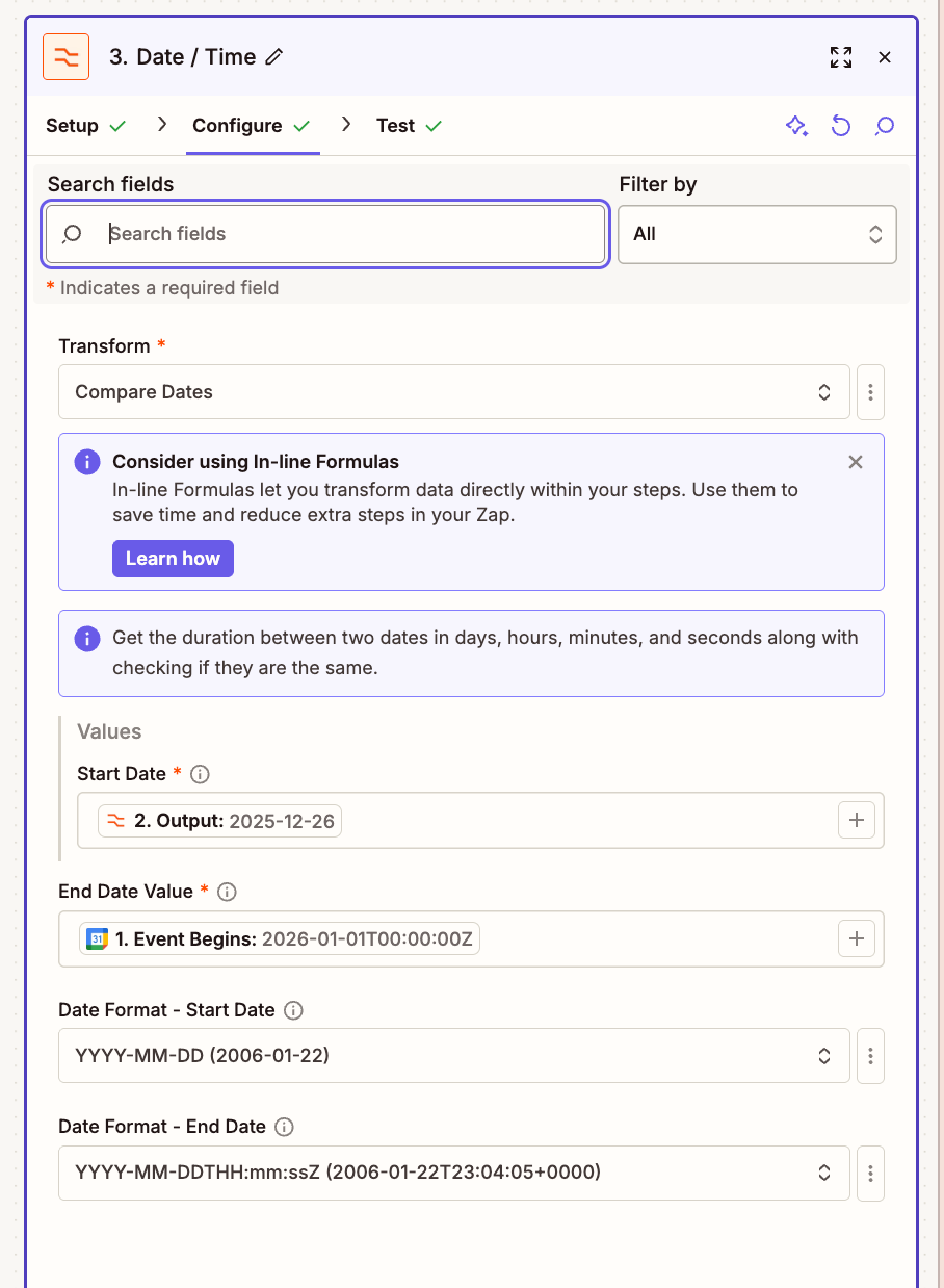 Compare Dates Formatter step showing comparison of due date and today's date
