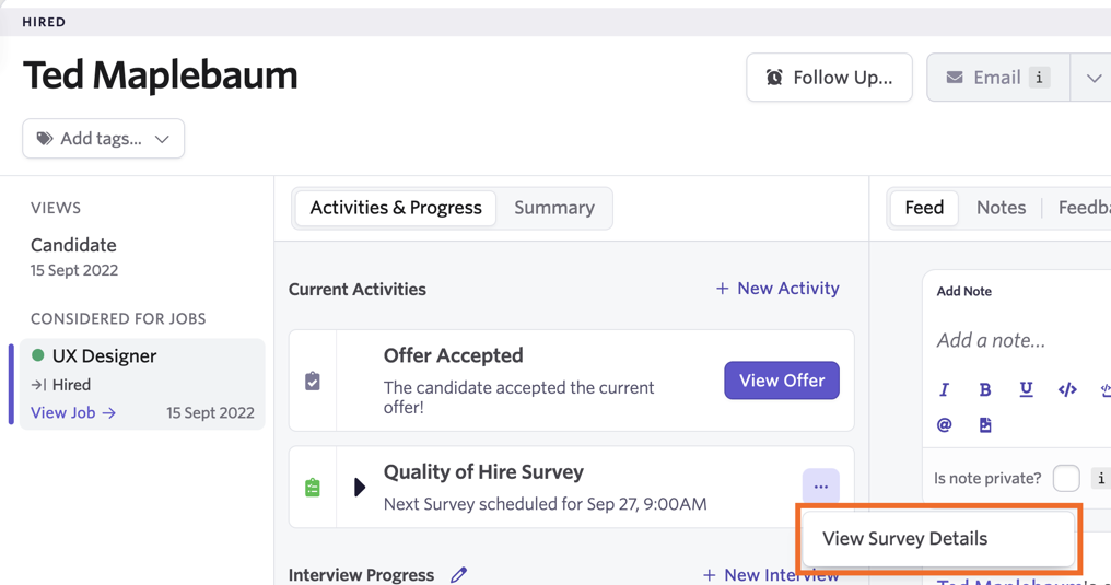 Screenshot showing the three-dot menu on a Quality of Hire survey activity Screenshot showing the three-dot menu on a Quality of Hire survey activity
