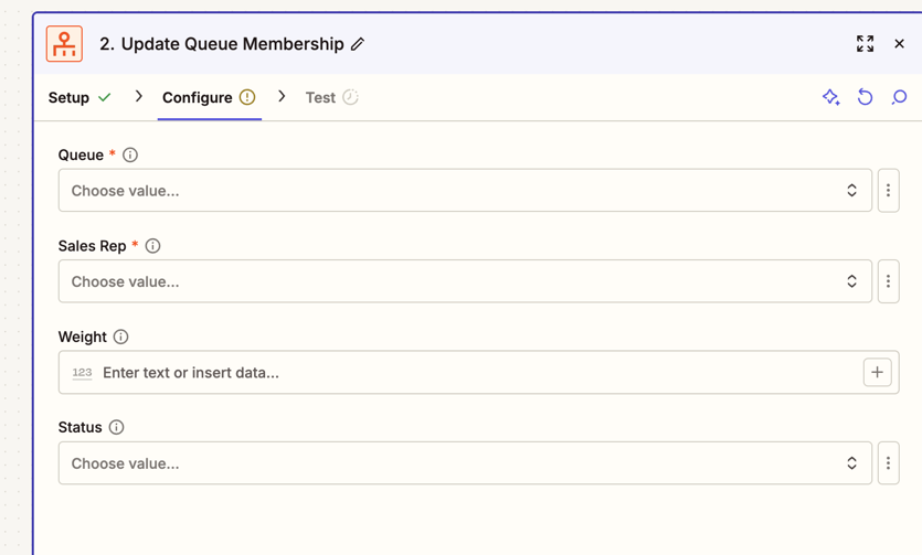 Update Queue Membership Configure tab showing Queue, Sales Rep, Weight, and Status fields