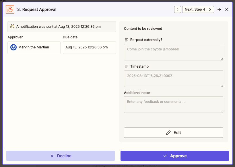 Review request displayed in a Request Approval action step for review