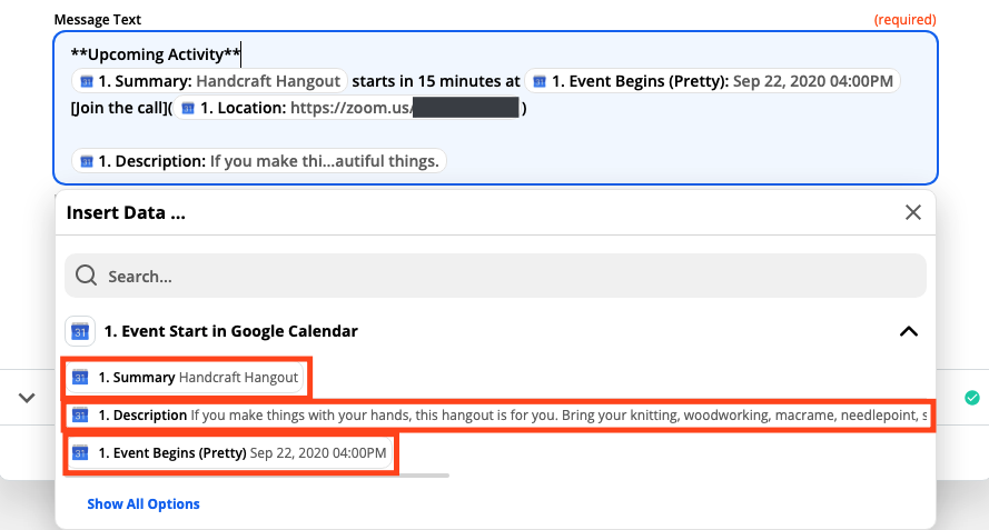 A screenshot of customizing message text in the Zap Editor. Google Calendar data selections are highlighted.