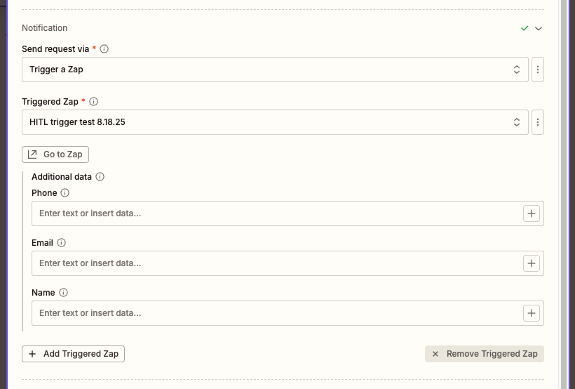 Trigger a Zap notification configuration fields displayed in the Collect Data action