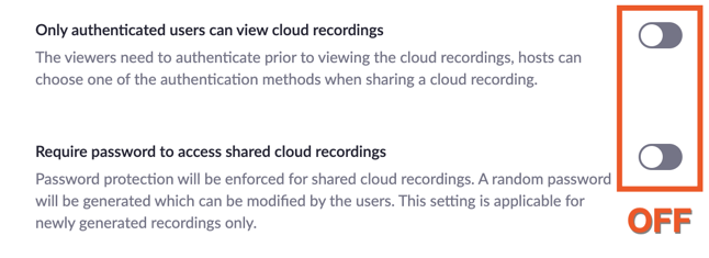 Image showing settings in Zoom that must be off for Zapier to receive recordings