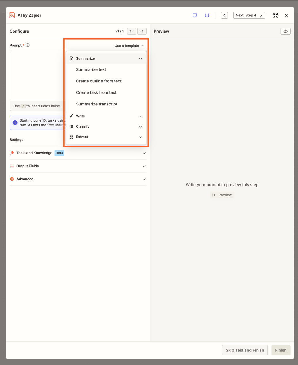 The AI by Zapier configure panel, showing the Prompt field with the Use a template dropdown open, displaying Summarize, Write, Classify, and Extract categories