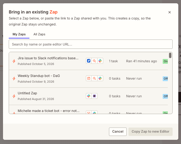 The Bring in an existing Zap dialog box, with the My Zaps and All Zaps tabs, a search bar, and a list of Zaps with their on or off status