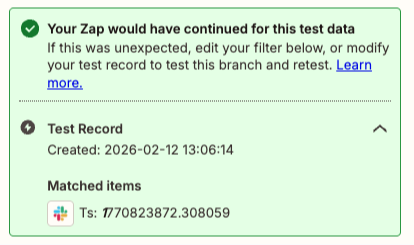 Green highlight on left side and green checkmark at top left indicate the example passed the filter condition.