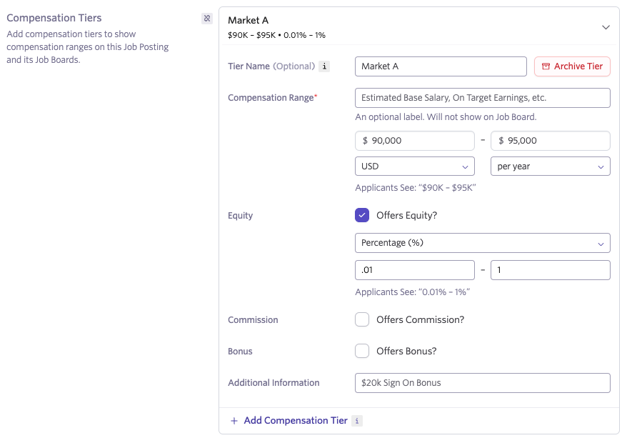 Screenshot of the Compensation Tiers section showing example tiers Screenshot of the Compensation Tiers section showing example tiers